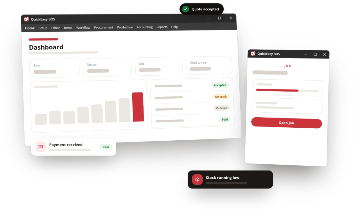 QuickEasy BOS dashboard bringing finance and operations into one system